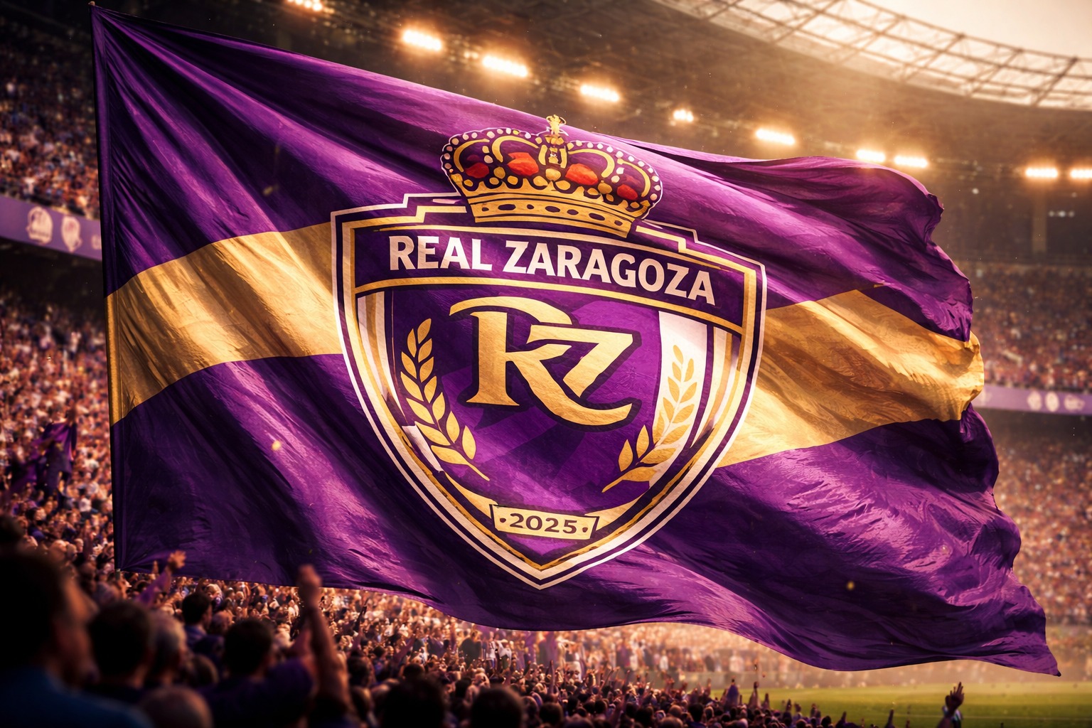 Bandera violeta y dorada en el estadio