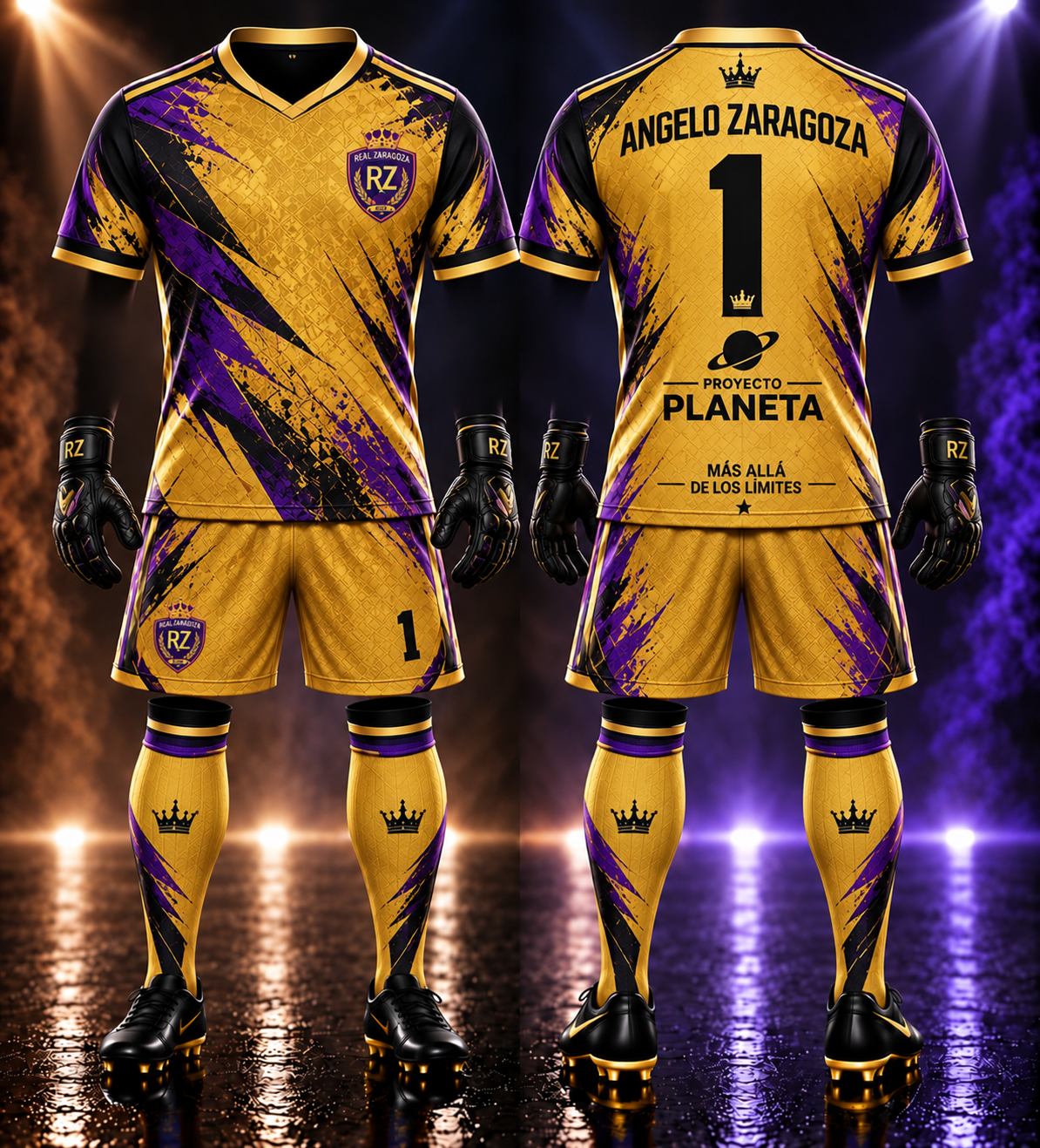 Diseños de camiseta violeta y dorada para arquero