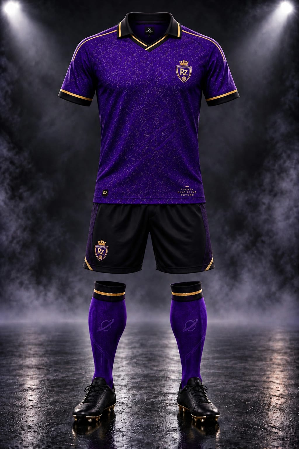 Vista frontal de la camiseta titular violeta y dorada